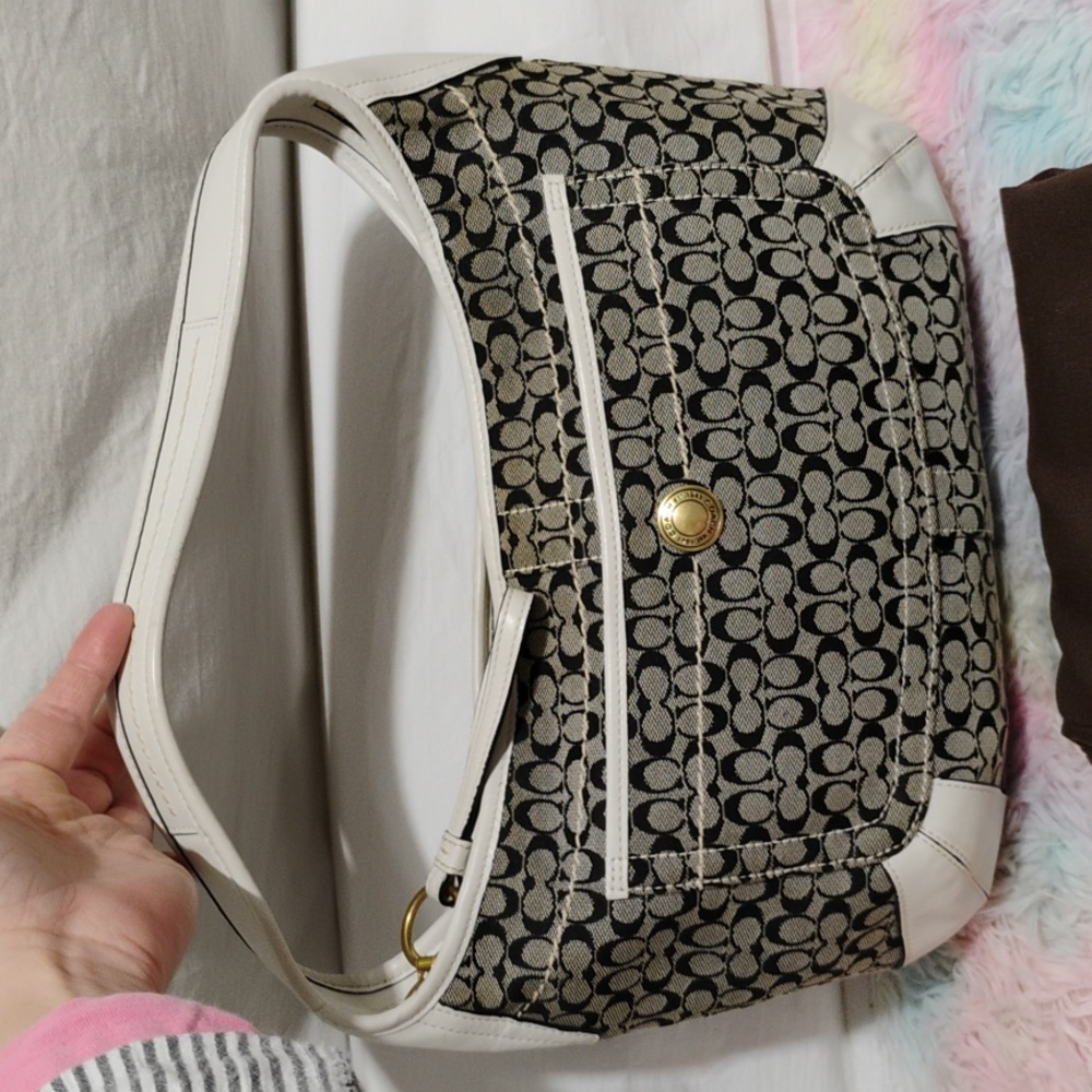 SALE! Auth Coach Signature C Ergo Denim White Leather Shoulder Bag W Dust Bag - Picture 2 of 15